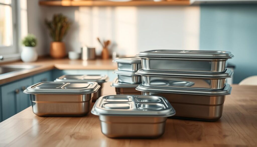 a set of stainless steel meal prep containers with divided compartments, neatly arranged on a wooden kitchen counter in a cozy, minimalist space with light blue accent walls. the containers have tight-fitting lids and are designed for easy meal planning and portability. the layout is clean and organized, reflecting an efficient office meal prep storage solution. the lighting is soft and natural, casting a warm glow over the scene. the angle is slightly elevated, giving a birds-eye view of the meal prep setup.