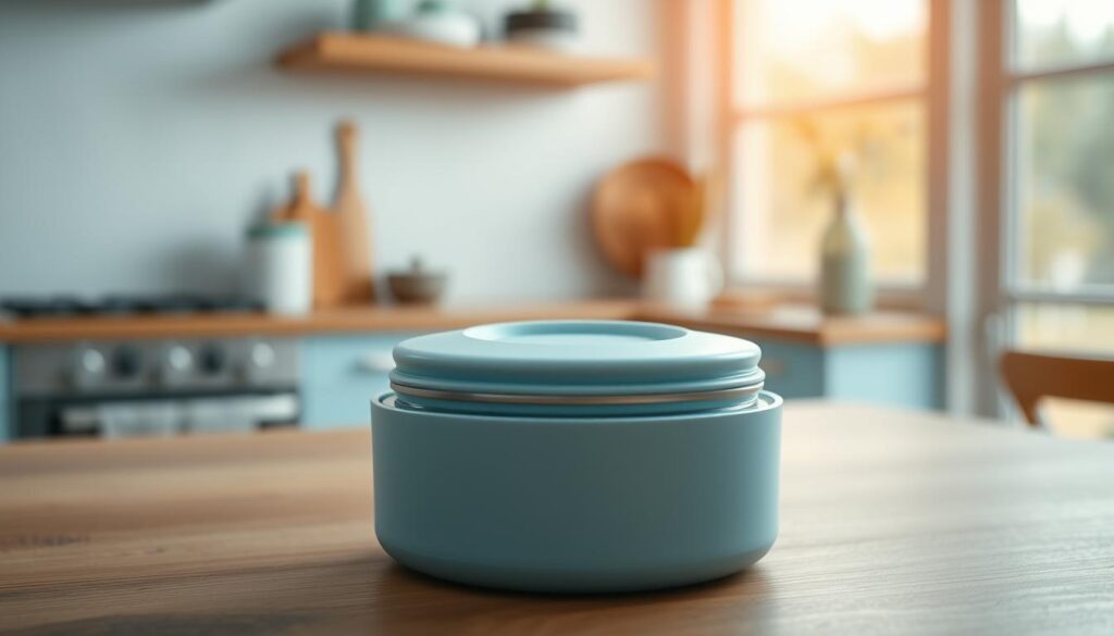 a sleek, modern thermos lid with a minimalist, circular bowl design in a soft, light blue color, resting on a wooden kitchen counter with light blue accents, illuminated by warm, natural lighting from a large window, capturing the elegant simplicity and functionality of modern food storage solutions
