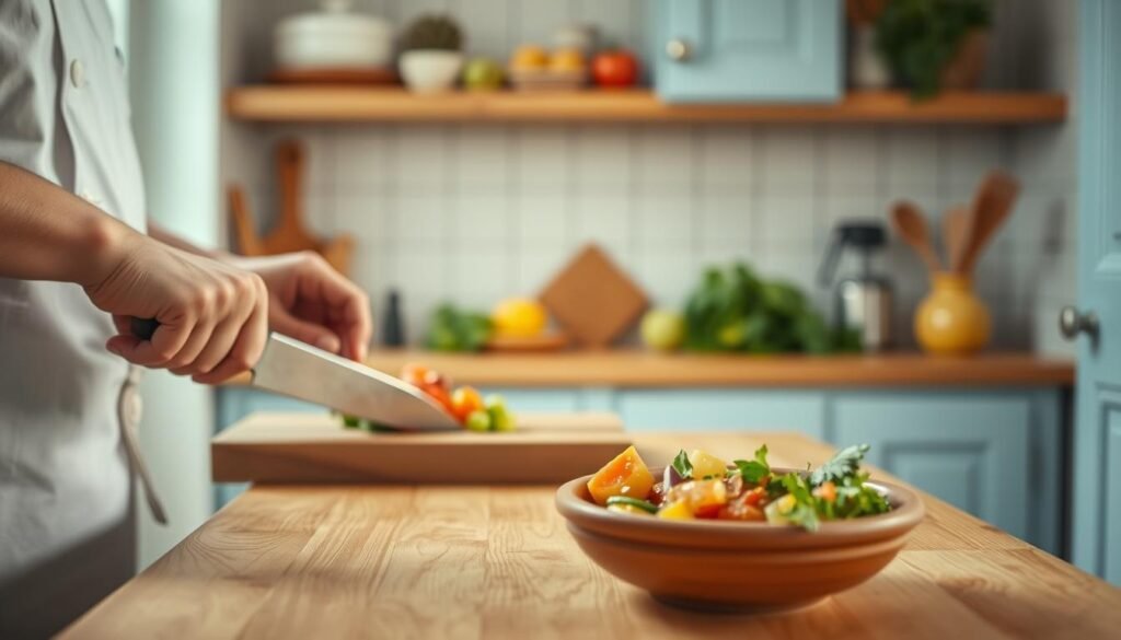 a small home kitchen with a wooden countertop, light blue cabinets, and minimal decor. In the foreground, a chef's hands carefully chopping fresh vegetables on a wooden cutting board, the rhythmic sounds of knife on wood echoing through the space. In the middle ground, a clay dish brimming with a vibrant Mexican-inspired salsa, its colors and textures inviting further exploration. The background softly blurred, suggesting an atmosphere of quiet focus and culinary craft. Warm, natural lighting casts a gentle glow, enhancing the homemade feel. The scene conveys a sense of authentic, handmade culinary techniques in a welcoming, intimate setting.