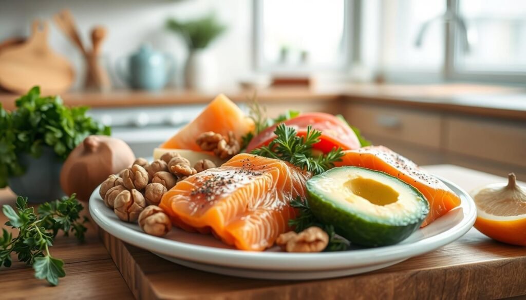 a softly-lit, minimalist kitchen interior with warm wooden accents and light blue details, featuring a central composition of fresh seafood and various omega-3 rich ingredients, such as walnuts, avocado, and salmon fillets, arranged in a visually appealing manner, conveying the health benefits and nutritional perks of a seafood-based lunch, captured with a wide-angle lens to create a sense of depth and atmosphere