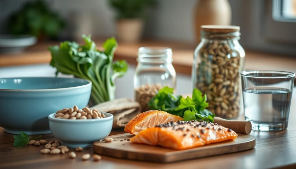 a still life composition of low-carb diet essentials artfully arranged on a wooden kitchen counter, with a light blue ceramic bowl, a bundle of fresh green leafy vegetables, a glass jar of nuts and seeds, a portion of baked salmon, and a small glass of water, all bathed in soft diffused lighting from a window, creating a natural, minimalist, and inviting atmosphere that evokes the simplicity and healthfulness of a low-carb lifestyle