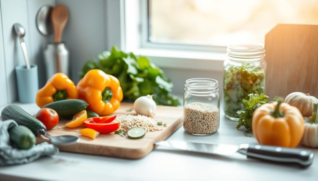 a still life in a cozy, minimal kitchen with wooden textures and light blue accents, showcasing an assortment of meal prep ingredients and tools - a cutting board with fresh produce like bell peppers, zucchini, and onions, alongside stainless steel cooking utensils, a glass jar filled with quinoa, a mason jar of homemade salad dressing, and a high-quality kitchen knife, all arranged in an aesthetically pleasing composition with soft, natural lighting and a clean, uncluttered background, creating an inviting and inspirational scene for wholesome meal preparation.