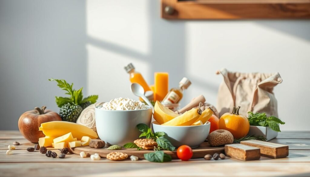 a still life photography of macronutrients - protein, carbohydrates, and fats - represented by various high-protein foods arranged on a wooden table against a light blue and white background, with soft, natural lighting from a window casting gentle shadows, showcasing the colors, textures, and forms of the ingredients in a minimalist, appetizing composition