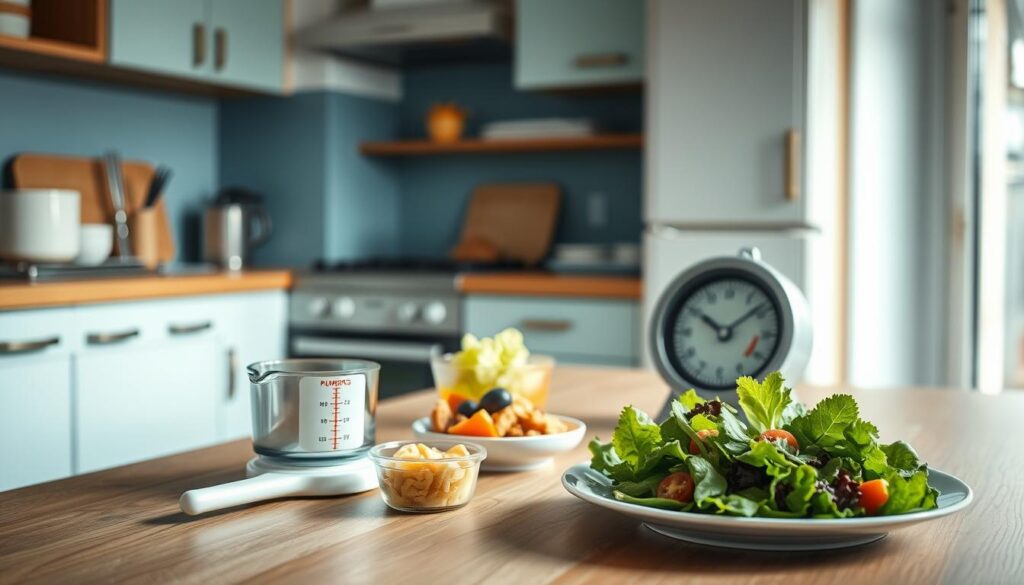 a well-lit, minimalist kitchen with wooden surfaces and light blue accents, showcasing various portion control ingredients arranged neatly on the counter, including a measuring cup, a food scale, a plate with portion-sized servings of different foods, and a leafy green salad, all captured from a slightly elevated angle to emphasize the simplicity and organization of the scene, creating a calming and informative atmosphere to illustrate the concept of portion control for a healthier lunch.