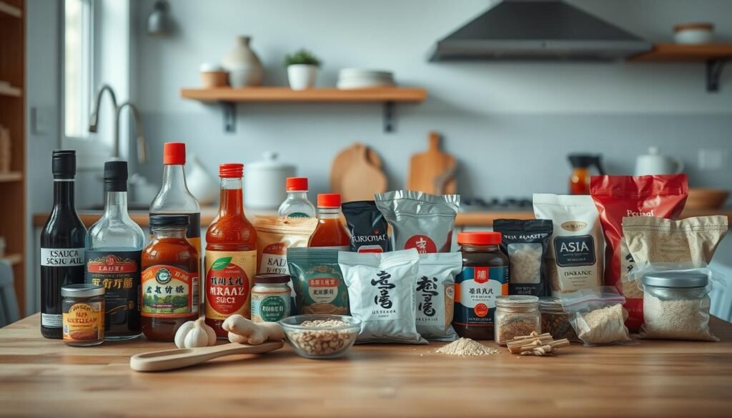 a wide variety of asian pantry essentials arranged on a wooden table in a cozy minimal kitchen, with soft natural lighting and light blue accents. the arrangement includes bottles of soy sauce, sesame oil, rice vinegar, hoisin sauce, sriracha, jars of gochujang and miso paste, packages of dried noodles, rice, and seasonings like ginger, garlic, and sesame seeds. the items are displayed in an organized yet artful composition, capturing the diverse flavors and textures of essential asian cooking ingredients.