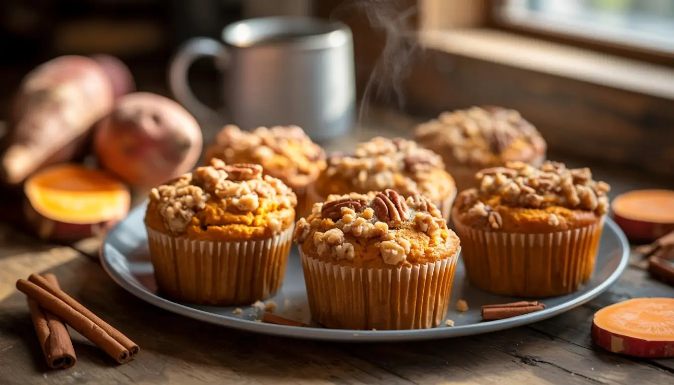 Sweet Potato Cinnamon Streusel Muffins 2 Pecan streusel-topped sweet potato cinnamon muffins arranged on a blue plate.