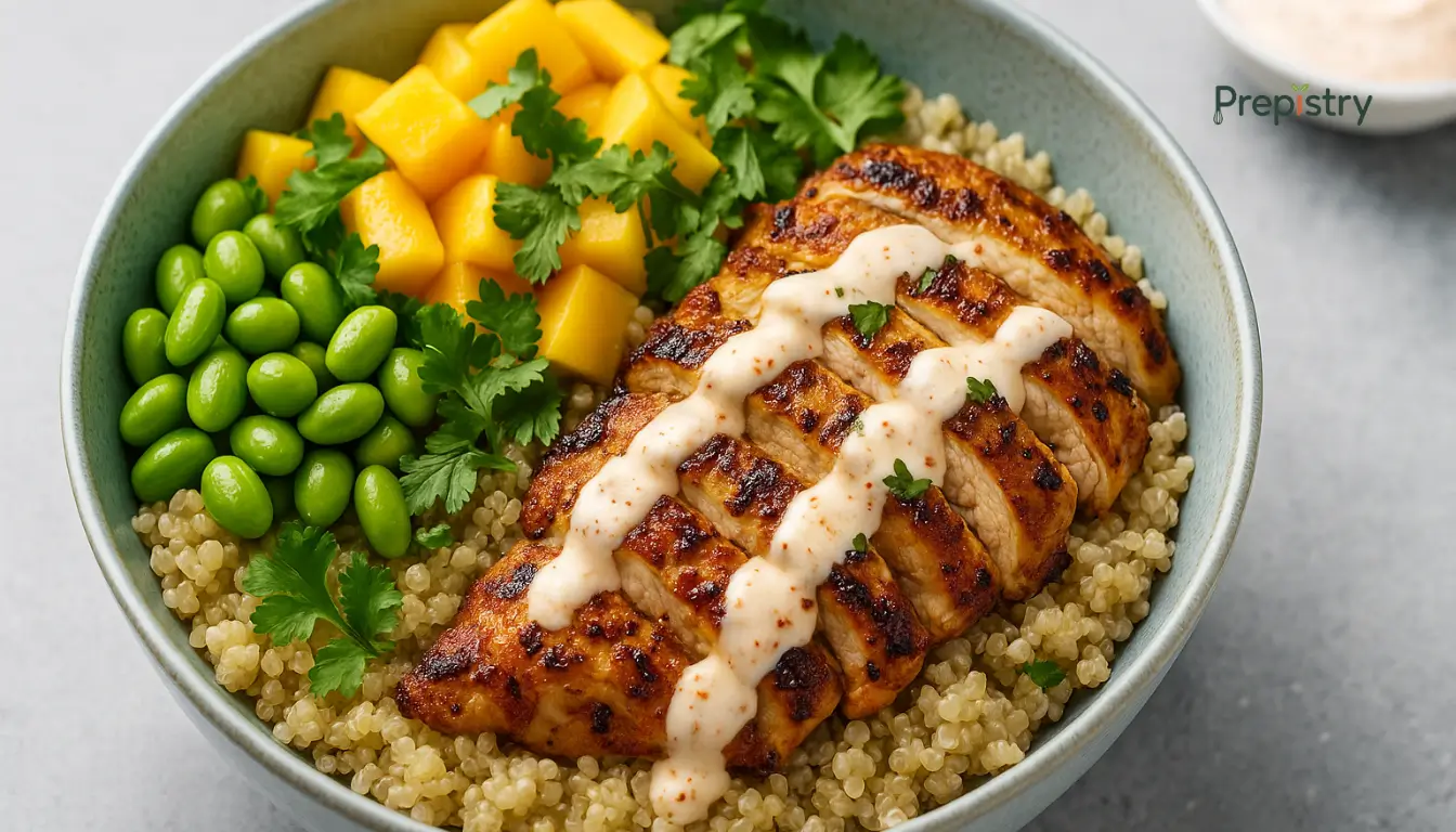 high-protein-lunch-prep-flavor-enhancers Spicy ginger chicken served over quinoa with mango, edamame, and creamy chili yogurt drizzle
