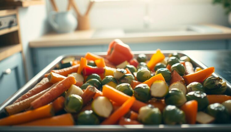 sheet pan dinner prep rainbow vegetables
