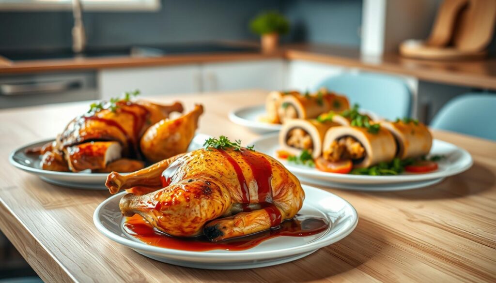 A beautifully lit kitchen scene with an elegant arrangement of gourmet chicken entrees. In the foreground, a succulent roasted chicken with crispy golden skin, garnished with fresh herbs and drizzled with a rich, velvety sauce. In the middle ground, delicate chicken roulades filled with a savory stuffing, plated with vibrant roasted vegetables. In the background, a sleek wooden table with light blue accents, complementing the cozy, minimal atmosphere. Warm, soft lighting casts a gentle glow, highlighting the mouthwatering textures and flavors of the carefully crafted dishes.