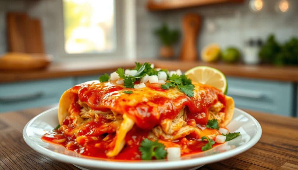 A beautifully plated dish of authentic Mexican enchiladas takes center stage in a cozy, minimalist kitchen. The enchiladas are generously filled with tender, shredded chicken, smothered in a rich, velvety red enchilada sauce, and topped with melted, gooey cheese. Fresh cilantro, diced onions, and a squeeze of lime add vibrant pops of color and flavor. Soft, handmade corn tortillas cradle the enchilada filling, radiating a homemade warmth. Warm, diffused lighting casts a gentle glow, highlighting the dish's tantalizing textures and inviting aroma. Wooden accents and light blue hues create a soothing, rustic ambiance, drawing the viewer into this authentic Mexican culinary experience.