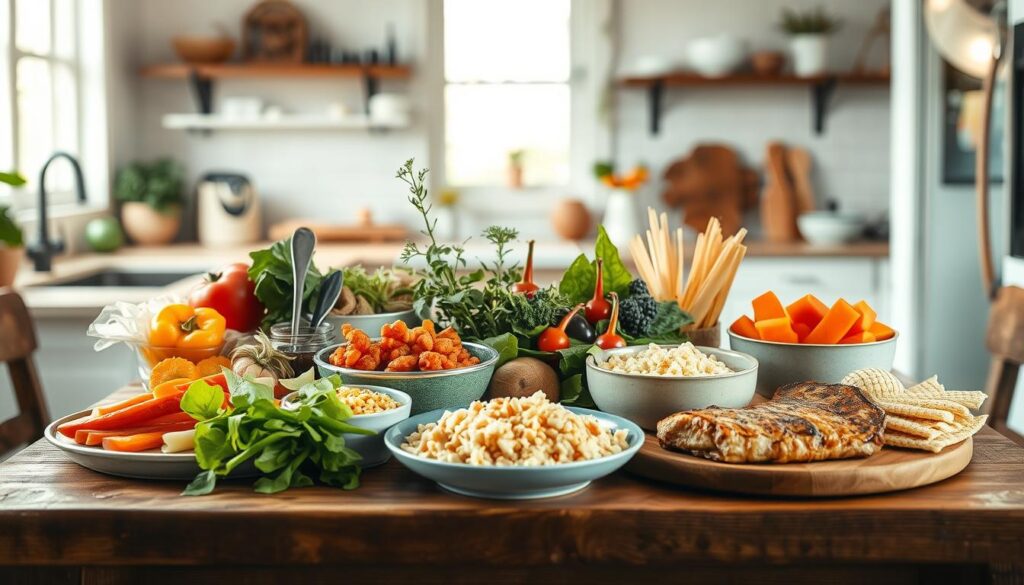 A beautifully styled assortment of creative meal ideas, artfully arranged on a rustic wooden table in a cozy, minimal kitchen. Vibrant vegetables, hearty whole grains, and lean proteins come together in a visually striking display, inviting the viewer to explore delicious and balanced recipes. Soft natural lighting casts a warm glow, highlighting the inviting textures and colors. The scene exudes a sense of culinary inspiration and effortless nourishment, perfectly reflecting the 