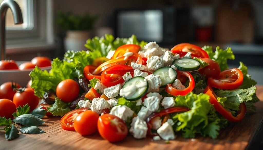 A bountiful array of fresh, vibrant salad ingredients arranged artfully on a wooden kitchen counter. Crisp romaine lettuce, juicy tomatoes, crunchy cucumber slices, tangy feta crumbles, and colorful bell pepper strips. A light, creamy dressing drizzled over the top, casting a glistening sheen. Soft shadows and warm, natural lighting from a nearby window create a cozy, inviting atmosphere. The scene exudes a sense of freshness, healthfulness, and effortless culinary elegance, perfectly complementing the 