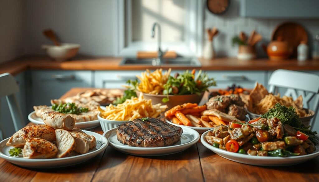 A bountiful display of diverse protein-rich meals, artfully arranged on a rustic wooden table in a cozy, minimal kitchen. Tender chicken breasts, juicy beef steaks, and hearty vegetarian dishes, each plated with vibrant colors and enticing textures. Soft natural lighting filters in, casting a warm glow over the scene. The clean, light blue accents lend an airy, inviting atmosphere, while the wooden tones add a touch of earthy elegance. This harmonious composition showcases the array of wholesome, satisfying options available for a family dinner.