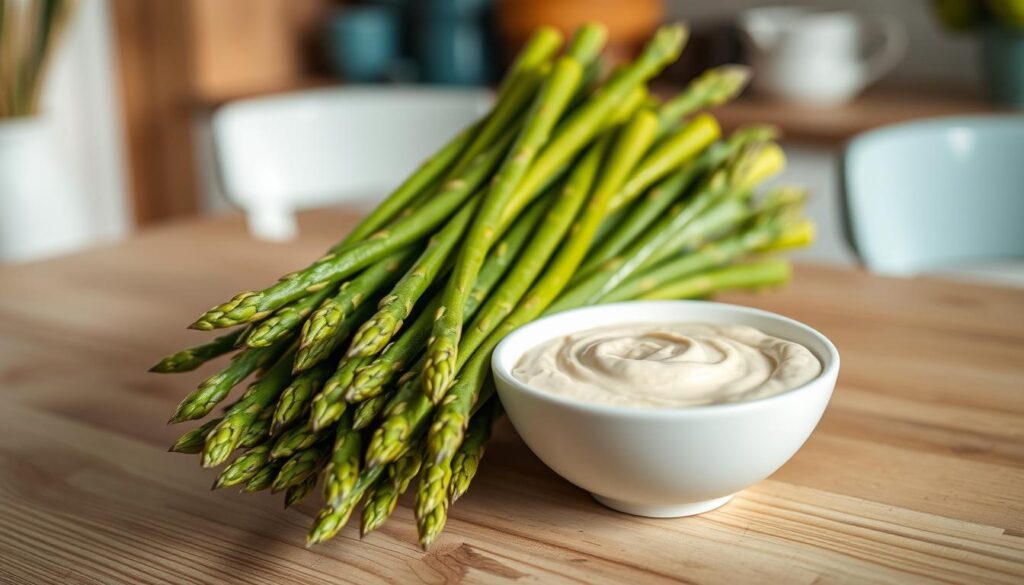 A bountiful display of fresh asparagus spears, their vibrant green hues contrasting against the creamy, swirled tahini sauce in a shallow, minimalist white bowl. The scene is set in a cozy, light-filled kitchen, the wooden textures and soft blue accents creating a serene, inviting atmosphere. The asparagus is expertly arranged, the tips gently curling, inviting the viewer to indulge in this simple yet flavorful pairing. Soft, diffused lighting bathes the composition, lending a warm, appetizing glow. The image conveys the essence of 