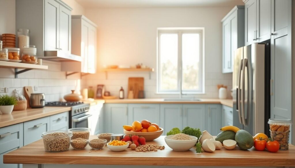 A bright, airy kitchen with light blue cabinets and a natural wood countertop. Scattered throughout are various allergy-friendly ingredients like quinoa, fresh vegetables, and nut-free snacks. Stainless steel appliances gleam, and a large window floods the space with warm, natural light. The room feels calm and organized, a serene environment for preparing meals free of common allergens. No hands are visible, emphasizing the clean, uncluttered setup designed for maximum safety and peace of mind.