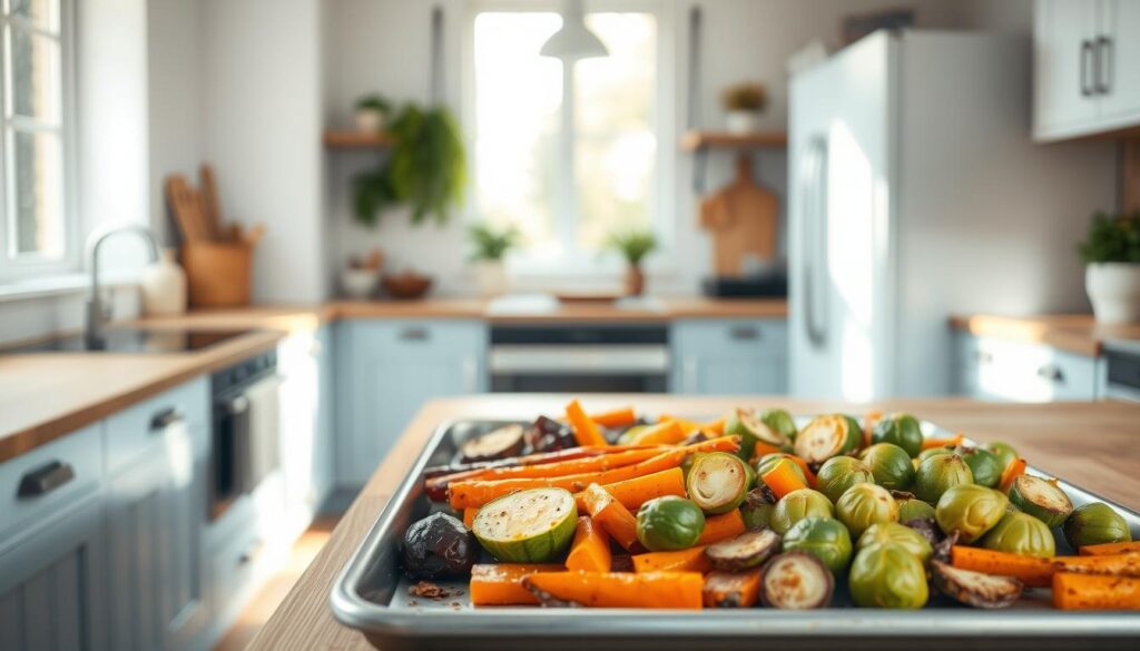 A bright, airy kitchen with wooden countertops and light blue accents. On a large sheet pan, an array of freshly roasted vegetables: earthy beets, vibrant carrots, tender zucchini, and crisp Brussels sprouts, drizzled with a glossy glaze. The scene is bathed in a warm, natural light, casting gentle shadows and highlighting the diverse textures and colors of the produce. The overall atmosphere is one of simplicity, nourishment, and culinary creativity, inviting the viewer to imagine the delicious meal that could be crafted from these wholesome, vegetable-centric ingredients.