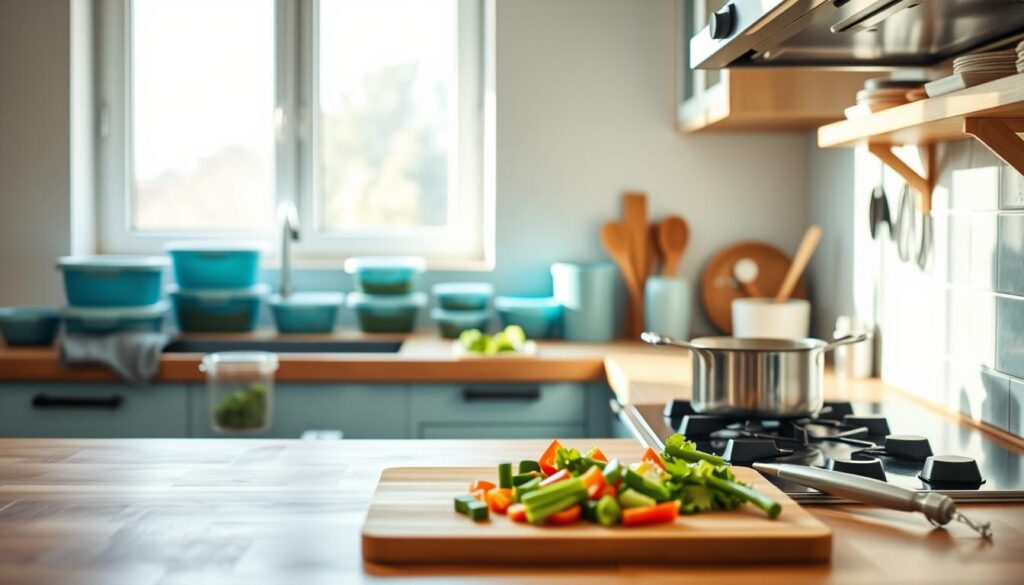 A bright, airy kitchen with wooden countertops and light blue accents. On the counter, a collection of meal prep containers, measuring cups, and cooking utensils are neatly arranged. In the foreground, a cutting board with freshly chopped vegetables, while in the middle ground, a saucepan simmers on the stove. The background features a simple, minimalist backsplash and an open window, allowing natural light to flood the space. The overall scene conveys a sense of organization, efficiency, and a commitment to healthy, home-cooked meals.