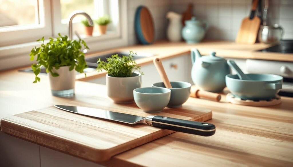A bright and airy kitchen filled with the essential tools for meal planning - a cutting board, a sharp chef's knife, a rolling pin, a set of measuring cups and spoons, and a collection of fresh herbs in a ceramic pot. The countertop is made of light-colored wood, complemented by soft blue accents in the form of a small vase and a decorative trivet. The scene is bathed in warm, natural light, creating a welcoming and inviting atmosphere for culinary exploration and preparation.