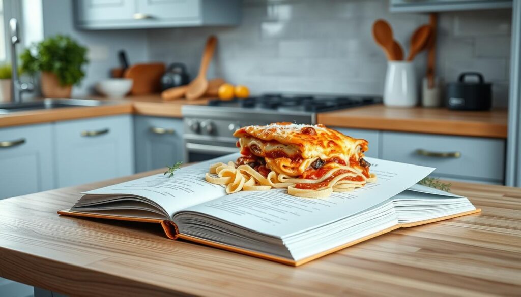 A bright, well-lit kitchen with smooth wooden countertops and a subtle blue-gray color scheme. On the counter, an open recipe book displays a delectable lasagna dish, its layers of pasta, creamy sauce, and melted cheese glistening. Herbs, spices, and cooking utensils are artfully arranged around the book, hinting at the care and expertise required to craft the perfect lasagna. The scene conveys a sense of culinary passion and the promise of a stress-free, enjoyable weekend meal.