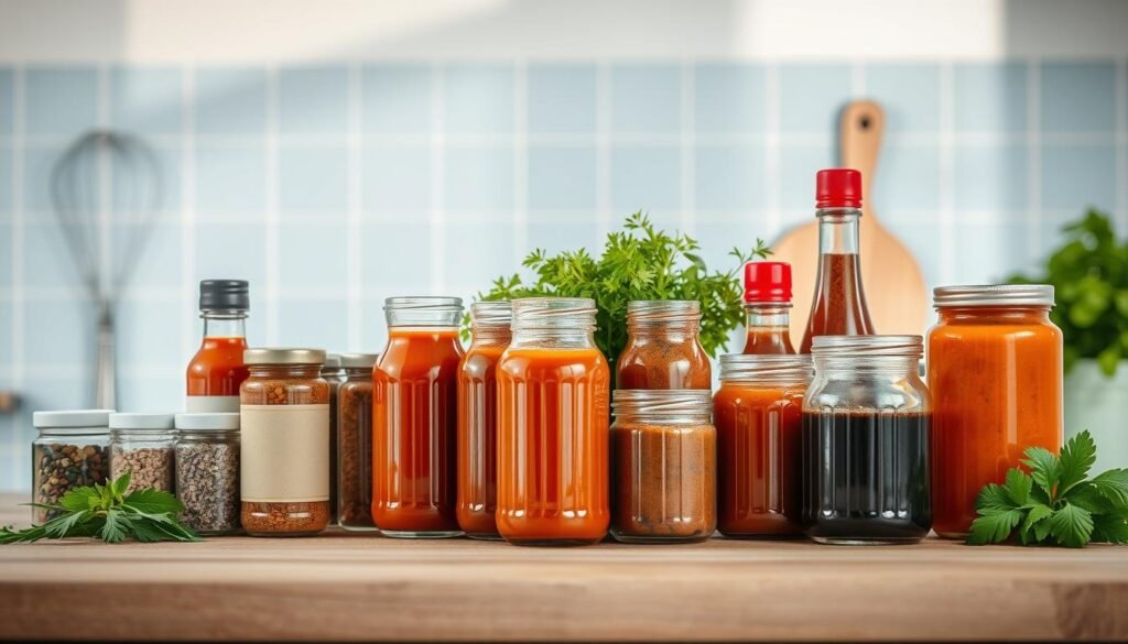 A carefully arranged display of various flavor-enhancing ingredients sits atop a wooden kitchen countertop. In the foreground, an assortment of savory sauces, spice blends, and condiments are presented in sleek glass jars, their contents visible through the transparent vessels. The middle ground features a selection of fresh herbs, vibrant in color and neatly grouped. In the background, a few kitchen utensils, such as a whisk and a spoon, add a sense of culinary preparedness. The lighting is soft and warm, casting a cozy glow over the scene, while the light blue accents on the wall and countertop create a harmonious and inviting atmosphere.