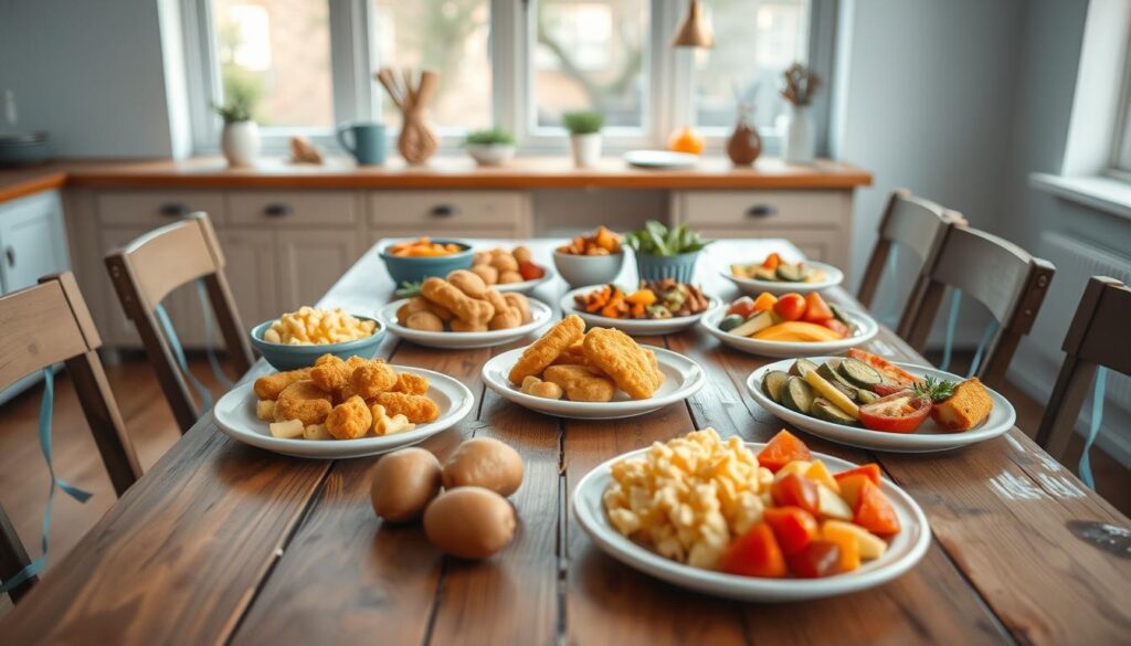 A cheerful, family-style kitchen scene featuring a variety of kid-friendly dinner recipes. On a rustic wooden table, colorful plates showcase dishes like mac and cheese, chicken nuggets, roasted vegetables, and fresh fruit. Natural light filters in through large windows, creating a warm and inviting atmosphere. The minimal decor includes light blue accents and wooden textures, allowing the delicious food to take center stage. The scene conveys a sense of togetherness and home-cooked goodness, perfect for inspiring family mealtime.