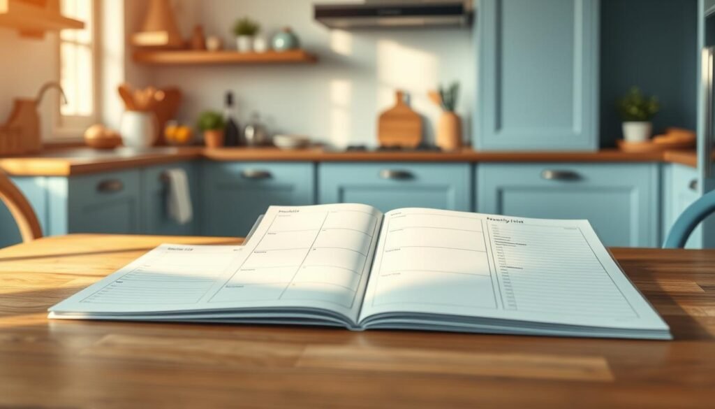A clean, minimalist digital meal planning template laid out on a wooden table in a cozy kitchen with soft blue accents. The template features organized sections for weekly meals, grocery lists, and pantry inventory, presented in a modern, easy-to-read layout. Warm, natural lighting casts a gentle glow, creating a serene, productive atmosphere for meal planning and food management.