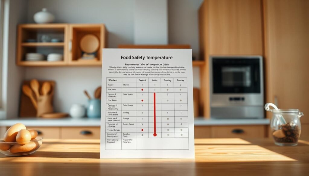 A clean, well-organized food safety temperature guide against a backdrop of a cozy, minimal kitchen. Warm wooden textures and light blue accents create a calming, informative atmosphere. The guide features a clear, illustrated chart detailing recommended safe temperature ranges for various food items, presented in a straightforward, easy-to-reference format. Subtle shadows and soft lighting enhance the guide's legibility and visual appeal, inviting the viewer to closely examine the essential food safety information.