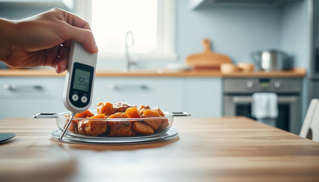 A close-up of a food thermometer being used to check the internal temperature of a freshly reheated meal on a wooden table in a minimalist kitchen with light blue accents. The thermometer's digital display is clearly visible, surrounded by a soft, diffused lighting that casts gentle shadows. The scene conveys a sense of care and attention to food safety, with the thermometer as the focal point against the clean, uncluttered background.