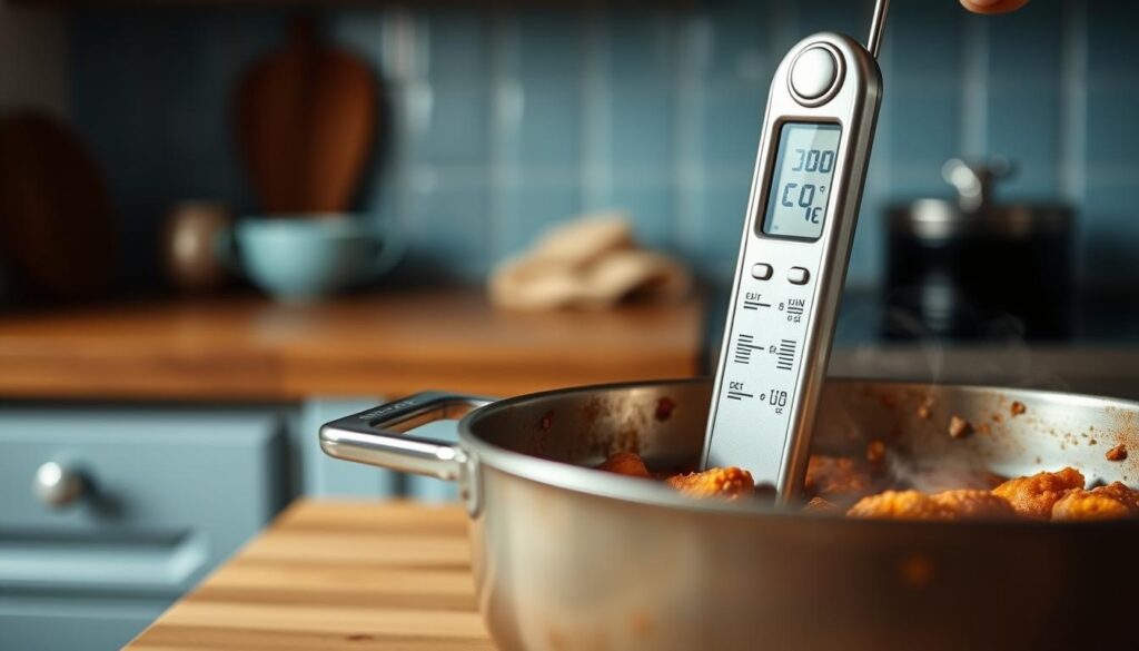 A close-up shot of a silver food thermometer being carefully inserted into a steaming hot dish, surrounded by a cozy kitchen backdrop with wooden countertops and light blue accents. The thermometer's digital display prominently showcases the temperature, illustrating the step-by-step process of ensuring proper reheating temperatures for safe and delicious 