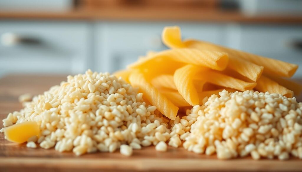 A close-up view of freshly cooked pasta, grains of rice, and couscous, their individual textures preserved and highlighted. The ingredients are arranged on a wooden cutting board against a backdrop of light blue cabinetry and subtle natural light, creating a sense of simple, homemade elegance. The lighting is soft and diffused, emphasizing the delicate interplay of shapes, colors, and surfaces. The overall composition conveys the importance of texture in creating a satisfying, comforting meal, a testament to the care and attention taken in its preparation.