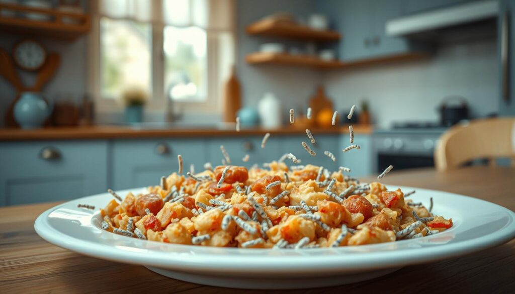 A close-up view of harmful bacteria infesting a plate of reheated food, set against the backdrop of a cozy, minimalist kitchen with warm wooden textures and light blue accents. The bacteria, rendered in vivid detail, appear as a dense cluster of microscopic, rod-shaped organisms, conveying a sense of the invisible dangers lurking in improperly reheated meals. The scene is lit by soft, indirect lighting, creating an ominous yet educational atmosphere, highlighting the importance of food safety practices to prevent food poisoning.