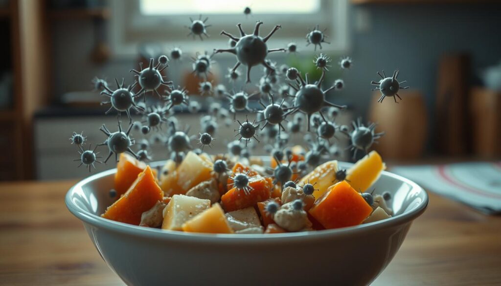 A closeup of hazardous bacteria swarming in a neglected bowl of leftover food, set against the warm, wooden tones of a cozy kitchen with muted light blue accents. The microbes appear ominous and threatening, their jagged, irregular shapes conveying their potential for harm. The scene emphasizes the importance of proper food storage and reheating practices to maintain safety and health.