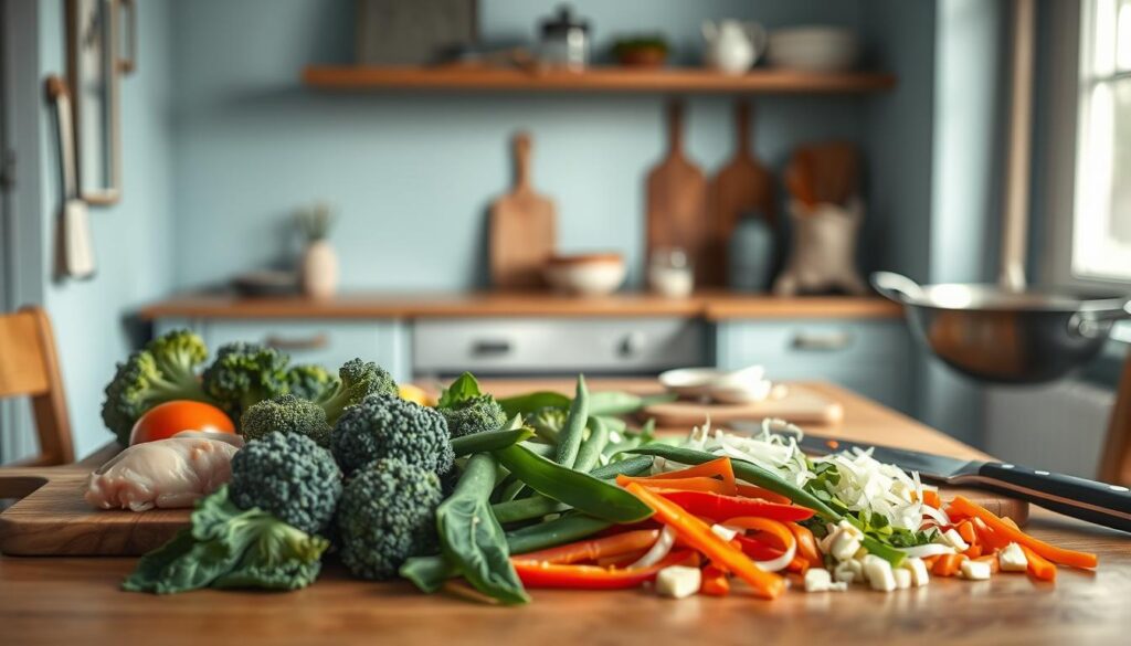 A cluttered wooden table in a cozy, minimalist kitchen with light blue accents. In the foreground, neatly arranged ingredients for a chicken stir fry: boneless, skinless chicken thighs, fresh broccoli florets, crisp snow peas, sliced red bell pepper, julienned carrots, and diced white onion. Wooden cutting boards, a sharp chef's knife, and a stainless steel wok set the stage for a quick and delicious meal. The soft, natural lighting casts a warm glow over the scene, inviting the viewer to dive in and start cooking.
