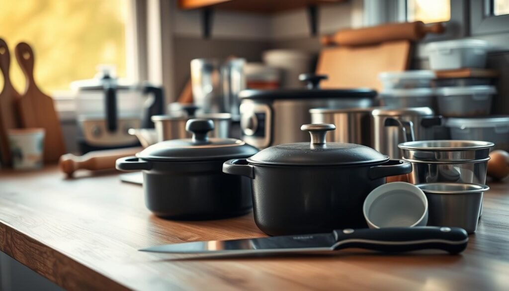 A collection of essential batch cooking tools nestled on a wooden kitchen counter, illuminated by soft, warm lighting from a nearby window. In the foreground, a sturdy cast-iron dutch oven, a sharp chef's knife, and a set of measuring cups and spoons. In the middle ground, a food processor, a slow cooker, and a stock pot. In the background, a rolling pin, a baking sheet, and a set of reusable storage containers. The scene exudes a sense of organization and efficiency, reflecting the focus and preparation needed for successful batch cooking.