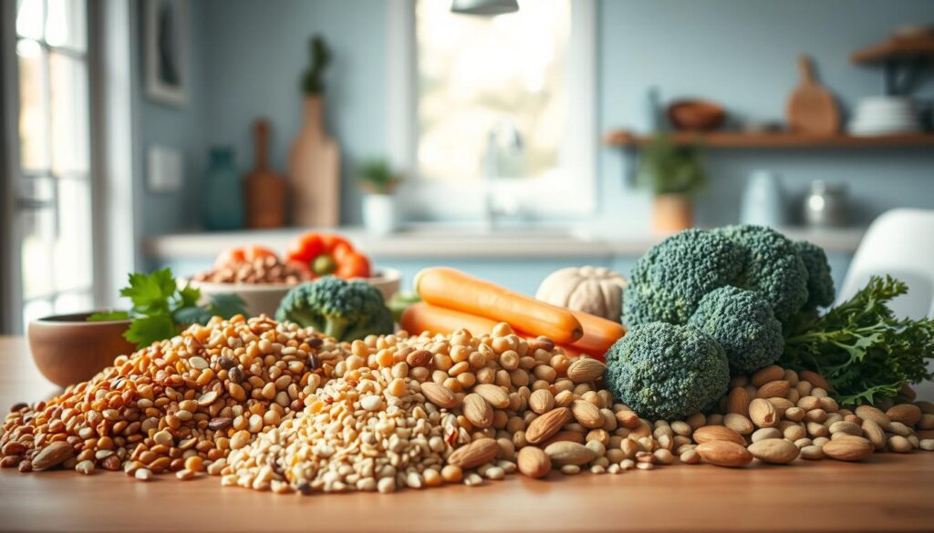 A collection of whole grains, legumes, nuts, and seeds arranged artfully on a wooden table, bathed in soft, natural light. The foreground features a mix of quinoa, lentils, chickpeas, and almonds, while the middle ground showcases an array of colorful vegetables, including broccoli, sweet potatoes, and bell peppers. The background depicts a minimal, light-blue-accented kitchen with wooden textures, creating a cozy, inviting atmosphere. The scene conveys a sense of nourishment and balance, reflecting the concept of 