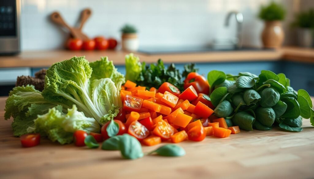 A colorful array of freshly chopped vegetables arranged on a wooden table, including crisp romaine lettuce, ripe cherry tomatoes, crunchy carrots, vibrant bell peppers, and earthy baby spinach leaves. The salad ingredients are illuminated by soft, warm lighting, casting gentle shadows and highlighting the natural textures. The minimal kitchen setting features light blue accents, simple wooden surfaces, and a clean, uncluttered atmosphere, allowing the vibrant salad to take center stage.