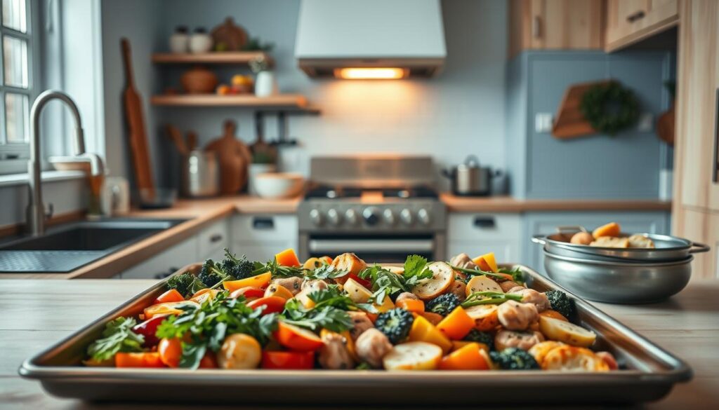 A cozy and minimal kitchen with light blue accents and warm wooden textures sets the stage for an effortless sheet pan meal prep. In the foreground, an array of fresh vegetables, herbs, and proteins are neatly arranged on a large sheet pan, ready to be roasted to perfection. The middle ground showcases various cooking tools and bakeware, hinting at the efficiency and convenience of this one-pan approach. In the background, the oven door stands open, emitting a soft, golden glow that illuminates the scene, creating an inviting and comforting atmosphere. The overall composition emphasizes the simplicity and practicality of this time-saving cooking method, perfectly capturing the essence of the 