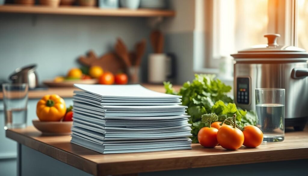 A cozy and minimal kitchen with wooden textures and light blue accents. On the countertop, a stack of meal planning notebooks, surrounded by fresh produce, a slow cooker, and a glass of water. The warm, natural lighting casts a soft glow, highlighting the benefits of meal planning: organization, time-saving, and healthier eating. The scene conveys a sense of calm and mindfulness, inviting the viewer to embrace the advantages of a make-ahead family dinner system.