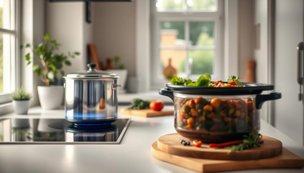 A cozy, energy-efficient kitchen with clean lines and natural materials. In the foreground, a gleaming stainless steel pressure cooker simmers on an induction stovetop, its soft blue glow casting a warm light. In the middle ground, a slow cooker filled with a hearty stew sits atop a wooden cutting board, surrounded by an array of fresh herbs and spices. The background features a window with a view of a lush garden, the soft daylight filtering in and illuminating the streamlined, minimalist space. The overall mood is one of tranquility and efficiency, perfectly suited for the 