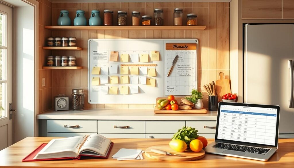 A cozy kitchen filled with wooden textures and light blue accents, a meal planning board takes center stage, adorned with sticky notes, recipes, and a calendar. Magnetic spice jars line the shelves, and a cutting board showcases fresh produce, ready for chopping. The countertop displays a binder with neatly organized meal plans, while a laptop displays a spreadsheet tracking grocery lists and portion sizes. The warm, natural lighting casts a gentle glow, creating a sense of calm and efficiency, reflecting the thoughtful process of meal planning.