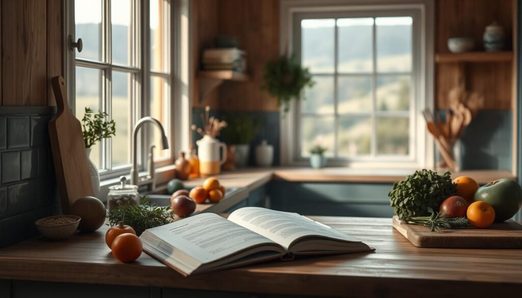 A cozy kitchen interior with wooden textures, light blue accents, and no human hands. On the kitchen counter, an open cookbook lies next to a cutting board, utensils, and an assortment of fresh produce, herbs, and spices. The lighting is soft and natural, casting a warm glow over the scene. In the background, a large window overlooks a serene outdoor landscape, hinting at the inspiration for recipe adaptations. The overall atmosphere is one of creativity, calmness, and culinary exploration.