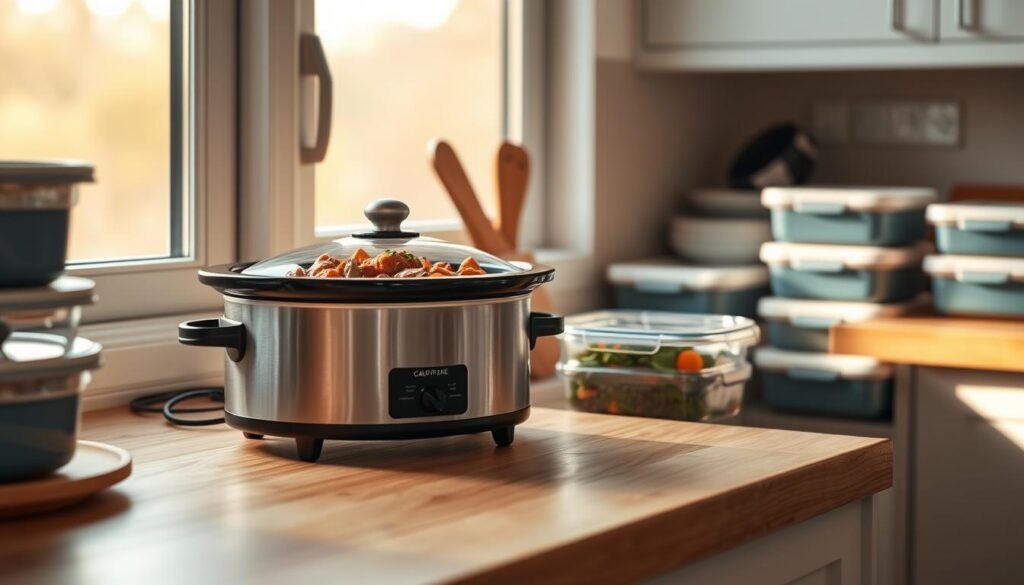 A cozy kitchen scene with a slow cooker on the countertop, filled with a hearty, fragrant meal. The warm light from a large window casts a soft glow, highlighting the smooth wooden surfaces and subtle blue accents. Neatly stacked containers nearby suggest the benefits of batch cooking - convenience, time-saving, and healthy home-cooked meals. The serene atmosphere invites the viewer to imagine the satisfying aromas and tastes of this comforting slow-cooked dish, ready to be enjoyed.