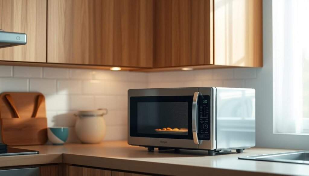 A cozy kitchen with a minimalist aesthetic features a modern microwave oven bathed in soft, diffused light. The microwave's sleek, stainless steel exterior reflects the warm, wooden textures of the surrounding cabinetry and countertops. Subtle light blue accents provide a calming contrast, setting a serene, inviting atmosphere. The microwave sits prominently on the counter, ready to efficiently reheat a homemade meal, its interior illuminated with a gentle glow. The scene conveys a sense of effortless, healthful meal preparation and reheating, optimized for busy lifestyles.