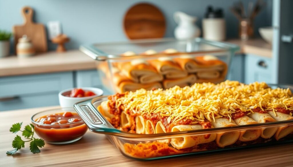 A cozy kitchen with light blue accents and warm wooden textures sets the stage for a delectable make-ahead Mexican feast. In the foreground, a rectangular baking dish overflows with perfectly rolled cheese and corn enchiladas, the grated cheese topping melted to a golden-brown. Beside it, a small bowl of fresh salsa and a sprig of cilantro add vibrant pops of color. In the middle ground, a large glass meal prep container showcases the completed enchilada dish, ready to be refrigerated or frozen for future family dinners. The background features minimal decor, allowing the enchiladas to take center stage, illuminated by soft, natural lighting from an unseen window. The overall scene exudes a sense of effortless, homemade authenticity, inspiring the viewer to recreate this nourishing Mexican meal for their own loved ones.