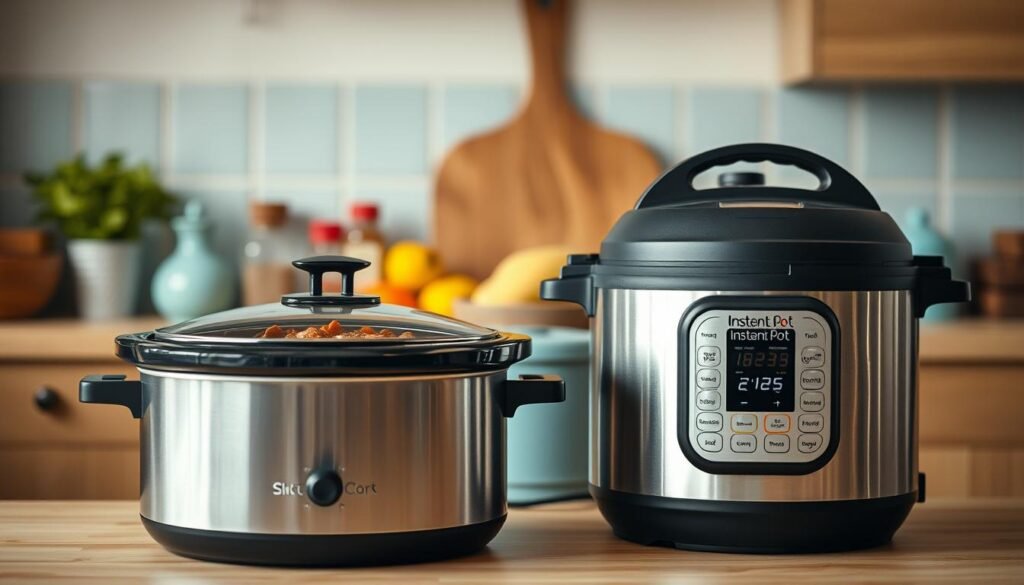 A cozy kitchen with minimal, warm wooden textures and light blue accents. In the foreground, a slow cooker and an Instant Pot sit side by side, their stainless steel casings gleaming under soft, indirect lighting. The slow cooker's lid is slightly open, revealing a savory stew simmering within. The Instant Pot's display shows a timer, hinting at the efficiency of its pressure cooking capabilities. In the middle ground, various kitchen tools and ingredients, such as a cutting board, spices, and fresh produce, are arranged neatly, suggesting a well-organized meal preparation space. The background fades into a subtle, calming atmosphere, allowing the cooking appliances to take center stage and showcase their complementary techniques for batch-cooking delicious, adaptable meals.