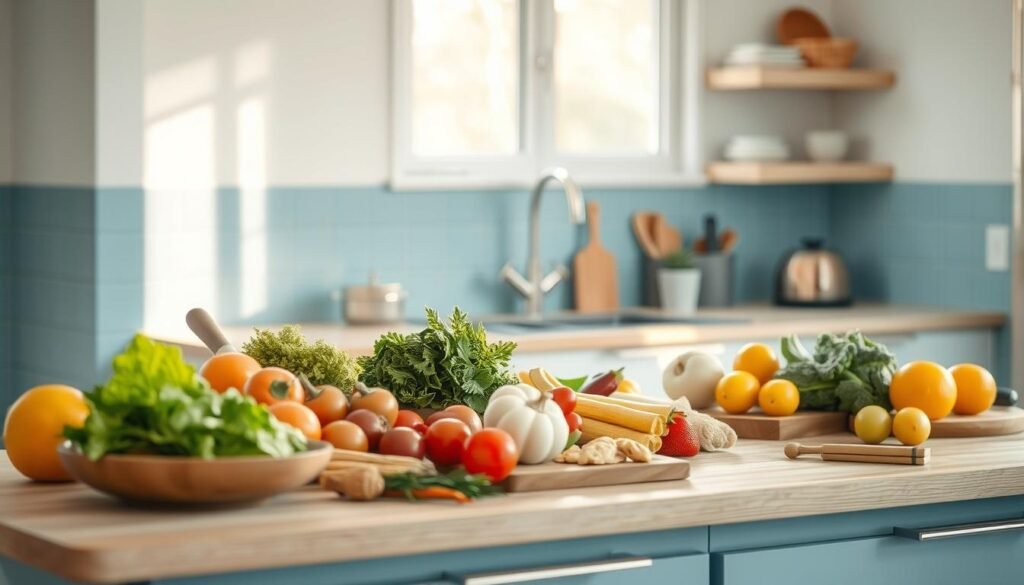A cozy kitchen with muted wooden textures and light blue accents sets the stage for a stress-free meal assembly. Fresh ingredients arranged neatly on a minimalist countertop, their colors and forms creating a harmonious composition. Soft, natural lighting filters in, casting a warm glow and enhancing the inviting atmosphere. Utensils and tools are within easy reach, suggesting a streamlined, effortless process. The overall scene conveys a sense of calm control, where the joy of cooking is unencumbered by chaos or clutter.