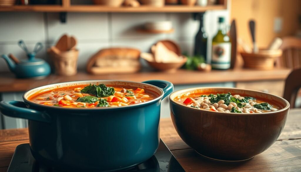 A cozy kitchen with warm, soft lighting and wooden textures sets the stage for a delightful array of Italian soups and stews. In the foreground, a simmering pot of hearty minestrone soup, its rich tomato broth and tender vegetables creating an inviting aroma. Nearby, a creamy white bean and kale stew, its comforting flavors enhanced by the gentle blue accents of the kitchen. In the background, shelves filled with rustic bread, olive oil, and other Italian pantry staples, hinting at the delicious meal to come. The scene exudes a sense of homey contentment, perfect for a cozy family gathering around the table.