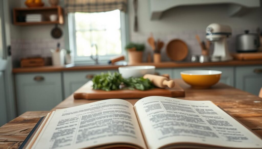 A cozy kitchen with warm wooden accents and light blue details, showcasing a collection of classic family recipes. In the foreground, an open cookbook displays treasured dishes, its pages worn with the stories of generations past. Mid-ground, a wooden table is adorned with fresh herbs, a rolling pin, and a mixing bowl, hinting at the homemade delights soon to be prepared. The background is bathed in a soft, natural light, creating an inviting atmosphere that whispers of comfort and tradition. This image captures the essence of mastering batch cook dinners, where family favorites come together with ease, nourishing both body and soul.