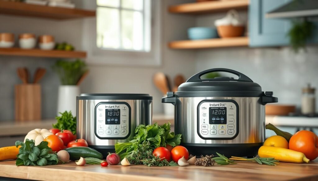 A cozy kitchen with warm wooden textures and light blue accents serves as the backdrop for a meal prep scene. In the foreground, an Instant Pot and a slow cooker sit side by side, their sleek designs and polished surfaces reflecting the soft, natural lighting filtering through the window. Assorted fresh vegetables, herbs, and other ingredients are neatly arranged around the appliances, hinting at the wholesome, allergy-safe meals soon to be prepared. The scene conveys a sense of calm, efficiency, and the comforting familiarity of home-cooked food, perfectly capturing the essence of 