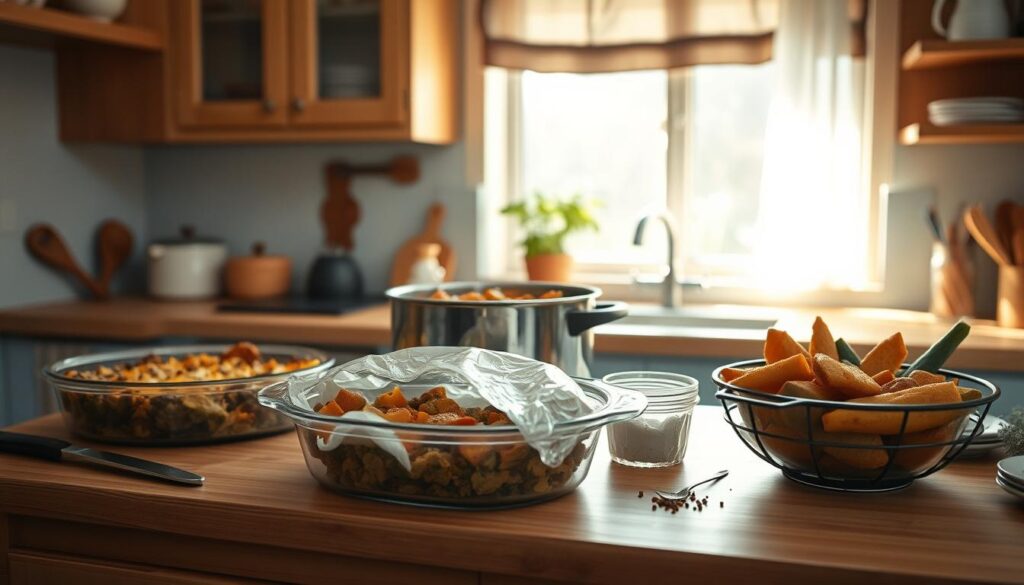 A cozy kitchen with warm wooden textures and light blue accents. On the counter, an assortment of leftover dishes - a half-eaten casserole, a pot of stew, and a bowl of roasted vegetables. Sunlight filters through the window, casting a soft glow over the scene. Various kitchen tools and spices surround the dishes, hinting at the potential for transformation. The mood is one of creativity and resourcefulness, as if the viewer is about to embark on a culinary adventure with these humble leftovers.